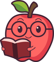 Apple Mascot with Glasses Reading a Book
