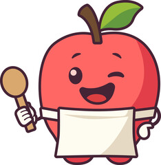 Apple Mascot Winking and Holding a Spoon with an Apron