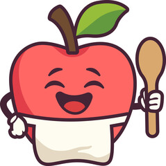 Apple Mascot Winking and Holding a Spoon with an Apron