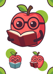 Apple Mascot with Glasses, Holding a Book and Smiling