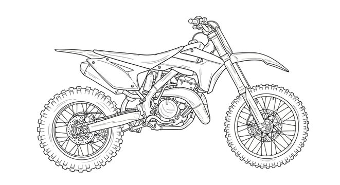 Line drawing of a motocross bike, side view, showcasing its design and features.