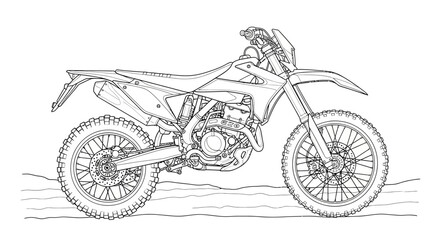 Obraz premium A detailed line drawing of a modern, off-road motorcycle, side view.
