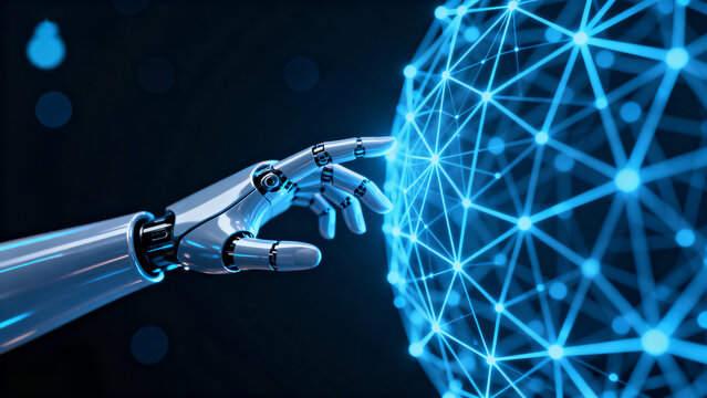 Robot hand touching digital sphere - Powered by Adobe