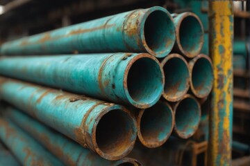 Rusty pipes stacked horizontally in warehouse, showcasing mix of bluegreen and yellowish hues, set in industrial background.