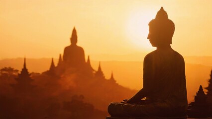 Buddha Statue Silhouette in Meditative Pose at Sunset with Buddhist Temples and Pagodas on Foreground