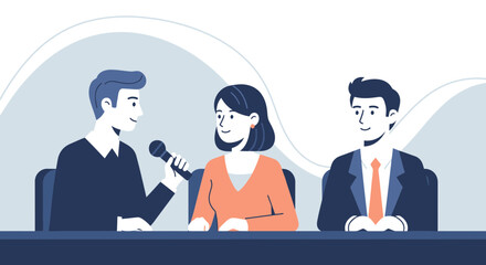 Illustration of a panel discussion or interview with three people on stage