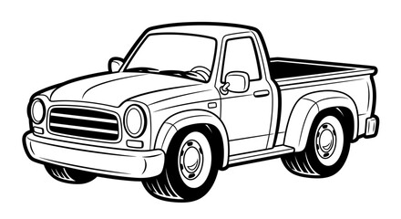 Detailed black and white illustration of a classic pickup truck, side view.