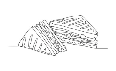 continuous line of delicious sandwich fast food or junk food sketch drawing editable stroke concept for cafe, restaurant, and food shop. vector illustration