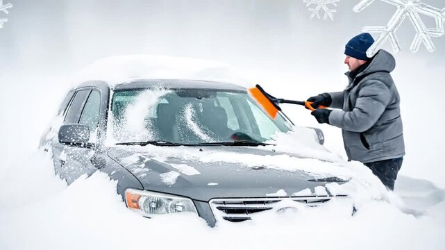 A man engaged in the simple winter chore of clearing thick snow from his car after a blizzard