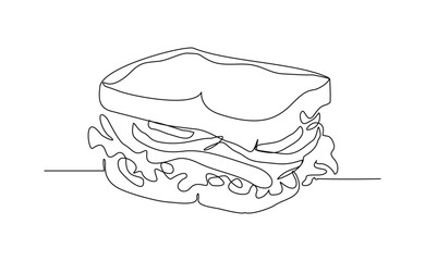 continuous line of delicious sandwich fast food or junk food sketch drawing editable stroke concept for cafe, restaurant, and food shop. vector illustration