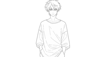 Line drawing of a young anime-style male figure, standing casually with hands in pockets.