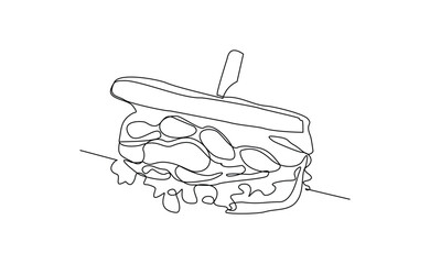continuous line of delicious sandwich fast food or junk food sketch drawing editable stroke concept for cafe, restaurant, and food shop. vector illustration