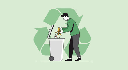 Illustration of a person recycling food waste into a bin with green recycle symbol