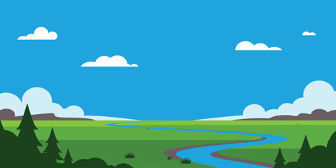 Obraz premium Flat design landscape with a winding river through green fields. Bright blue sky, fluffy clouds, and distant hills compose a tranquil nature illustration
