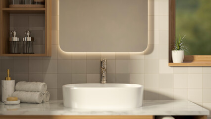 Fototapeta premium Mirror aside shelf and window on tiles wall over ceramic sink marble counter with towels in bathroom