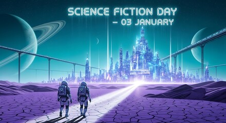 Astronauts exploring alien planet with futuristic city and saturnlike planet in the background, celebrating science fiction day
