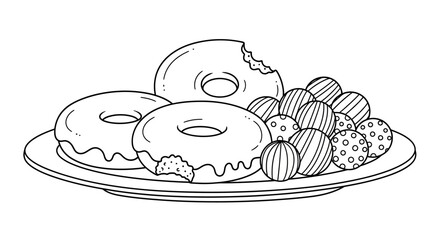 A plate of donuts and donut holes, some with bites taken.