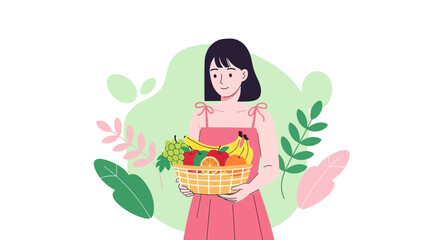 Illustration of a woman holding a basket of fruits, with a natural background and illustration