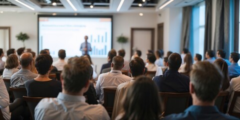 Fototapeta premium Audience Watching a Presentation. Defocused Blurred Presenter During Conference Meeting