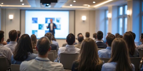 Naklejka na ściany i meble Audience Watching a Presentation. Defocused Blurred Presenter During Conference Meeting