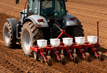 a modern tractor equipped with a seed planting machine operating in a freshly plowed field. 