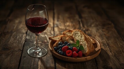 Delicious French Croissants With Fresh Berries And Red Wine On Rustic Table