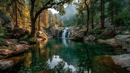 Tranquil Forest Scene Reflection in a Natural Pool Under Lush Trees at Waterfall