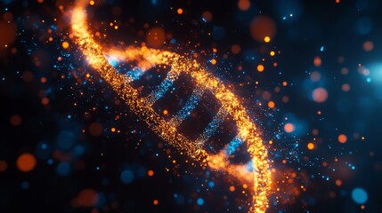 Glowing digital representation of DNA double helix in abstract background, genetics, biotechnology, molecular science, research, medicine, biological evolution and innovative scientific technology.