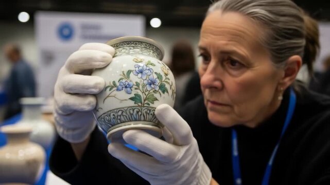 Expert examines antique porcelain vase at exhibition.