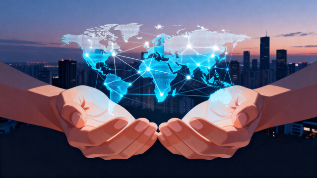 Hands holding glowing world map