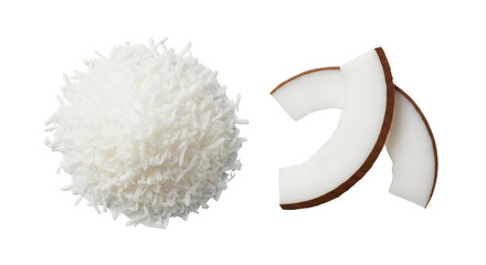 Freshly shredded coconut and two crescent-shaped coconut flakes, white background isolated