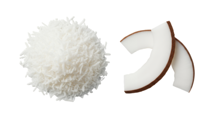 Freshly shredded coconut and two crescent-shaped coconut flakes, white background isolated
