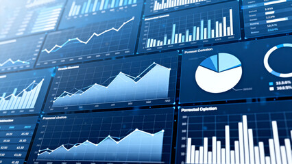 Data charts and graphs on digital screens