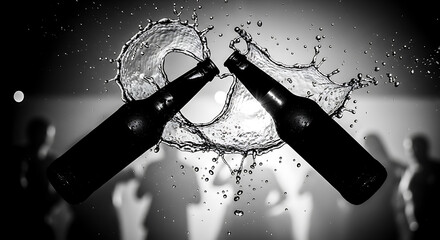 Two dark beer bottles clinking together, creating a dynamic splash of liquid in a dramatic black and white scene with blurred figures in the background, symbolizing celebration