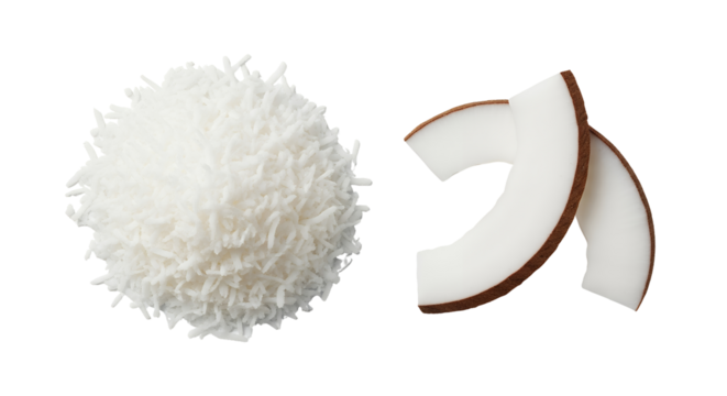 Freshly shredded coconut and two crescent-shaped coconut flakes, white background isolated