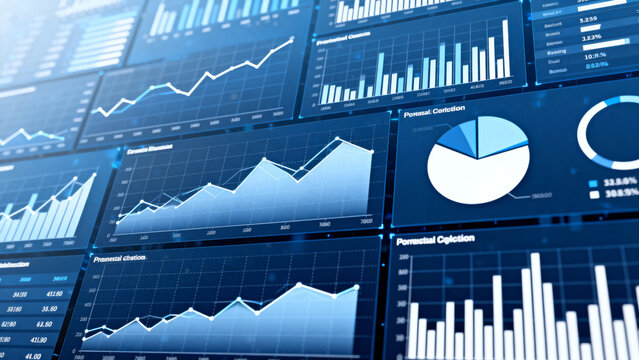 Data charts and graphs on digital screens