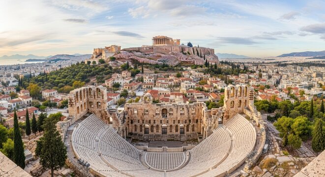 Panoramic view of the iconic Acropolis of Athens, featuring the majestic Parthenon and the ancient Odeon of Herodes Atticus, overlooking the sprawling Greek capital and Saronic Gulf at golden hour.