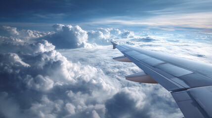 Obraz premium Stunning Aerial View Above the Clouds — Blue Sky and White Horizon from Airplane Window