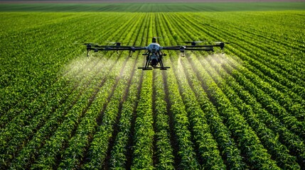 Drone over the green lush farmland field spraying crops. New technology used in agriculture