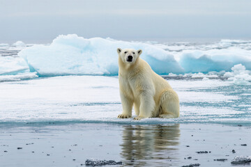 8K ultra-realistic photo of polar bear standing on floating ice with sharp icy textures and cold atmospheric light