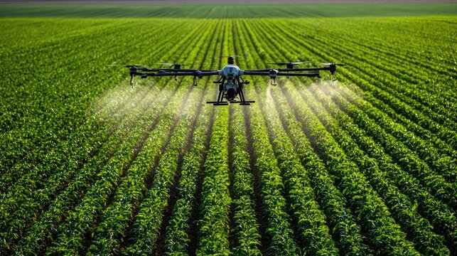 Drone over the green lush farmland field spraying crops. New technology used in agriculture