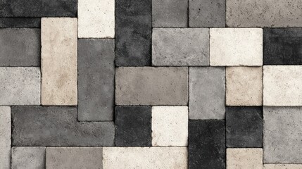 A textured surface of interlocking rectangular paving stones in various shades of gray and beige.