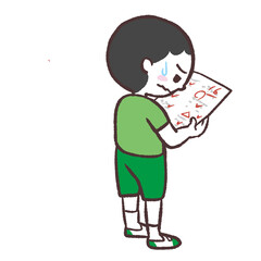 悪い点数のテストを見る男の子のイラスト