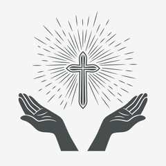 Black and White Open Hands with Cross and Divine Light, Symbol of Faith and Prayer. Design Template for Church Logo. Prayer, Religion Concept Monochrome Cut Out Silhouette Icon. Vector Illustration
