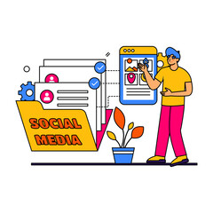 Digital Marketing Illustration Featuring a Man in Yellow Shirt and Pink Pants Interacting with Social Media Files and Mobile App Icons in a Clean Presentation