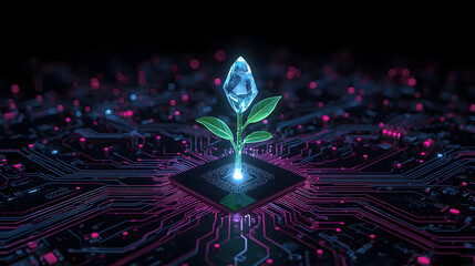 Digital Plant Growing on Circuit Board, Green Technology and Sustainable AI, Futuristic Bio-Tech Sprout