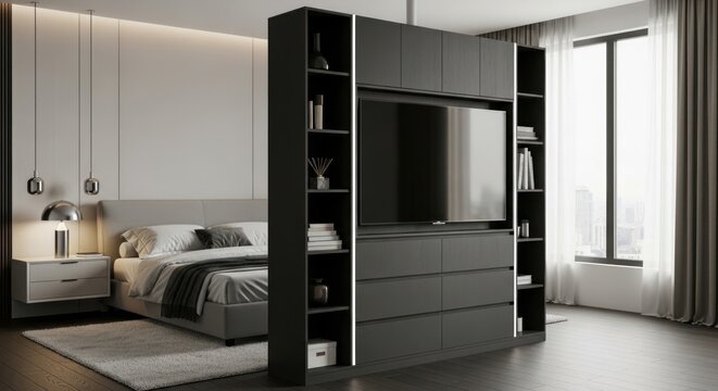 Modern Minimalist Bedroom with Integrated Media Unit, Elegant Gray Tones, and City View from a Large Window