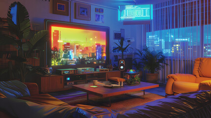 Luxury interior of an empty conference room or restaurant at night with city lights visible