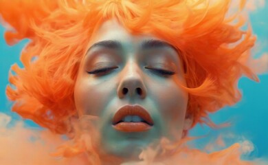 Dreamy Portrait of Woman with Eyes Closed in Orange Smoke, Ethereal Effect on Blue Background, Surreal Art Piece