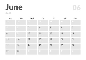 Monthly page Calendar Planner Template design of June 2026. Vector layout of calendar with week start Monday for Scheduling. Page for size A4 or 21x29.7 cm
